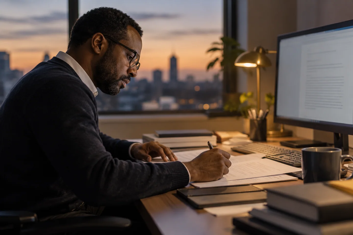 Illustrative analyst checking work beside a computer