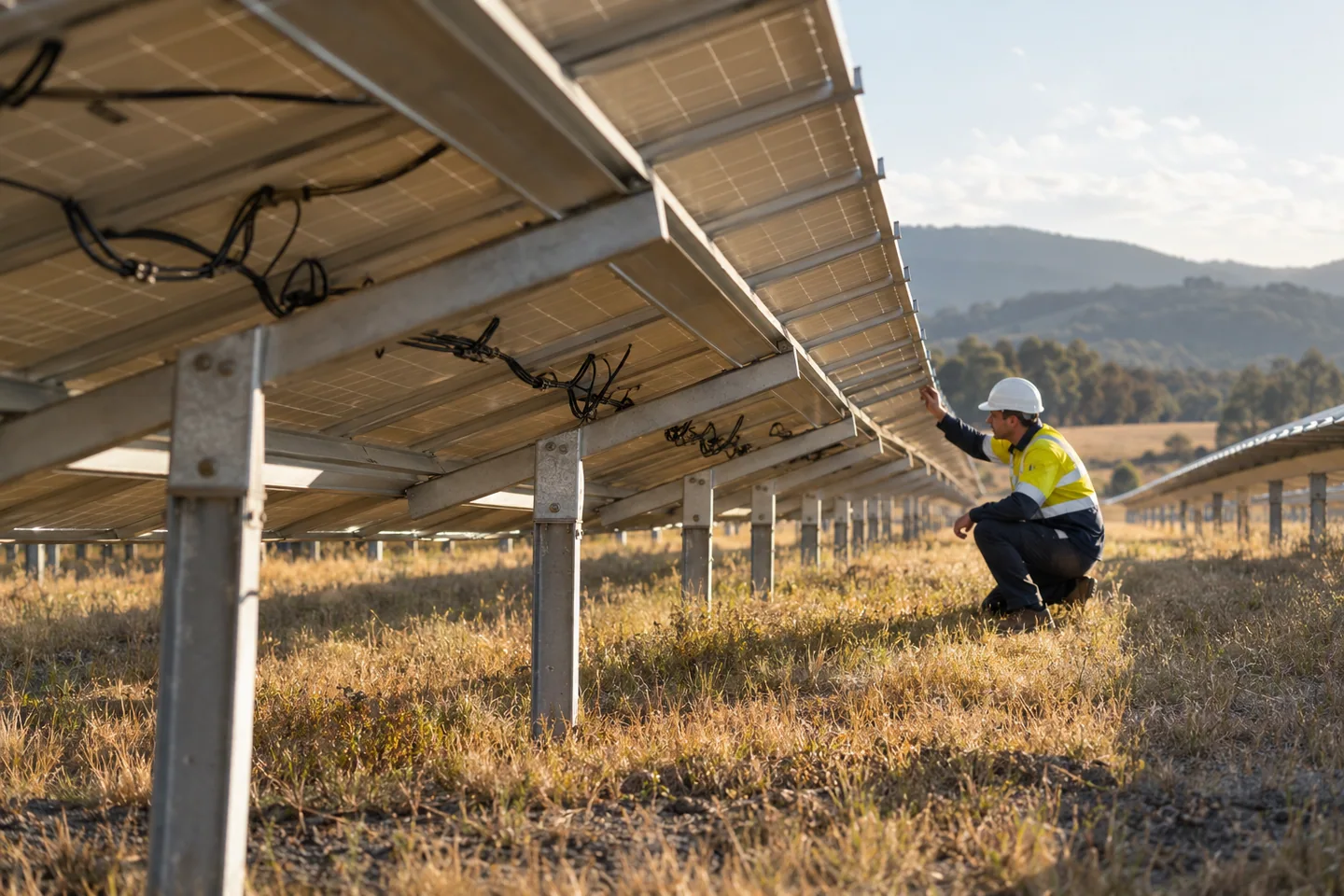 Illustrative engineer inspecting solar-panel connections