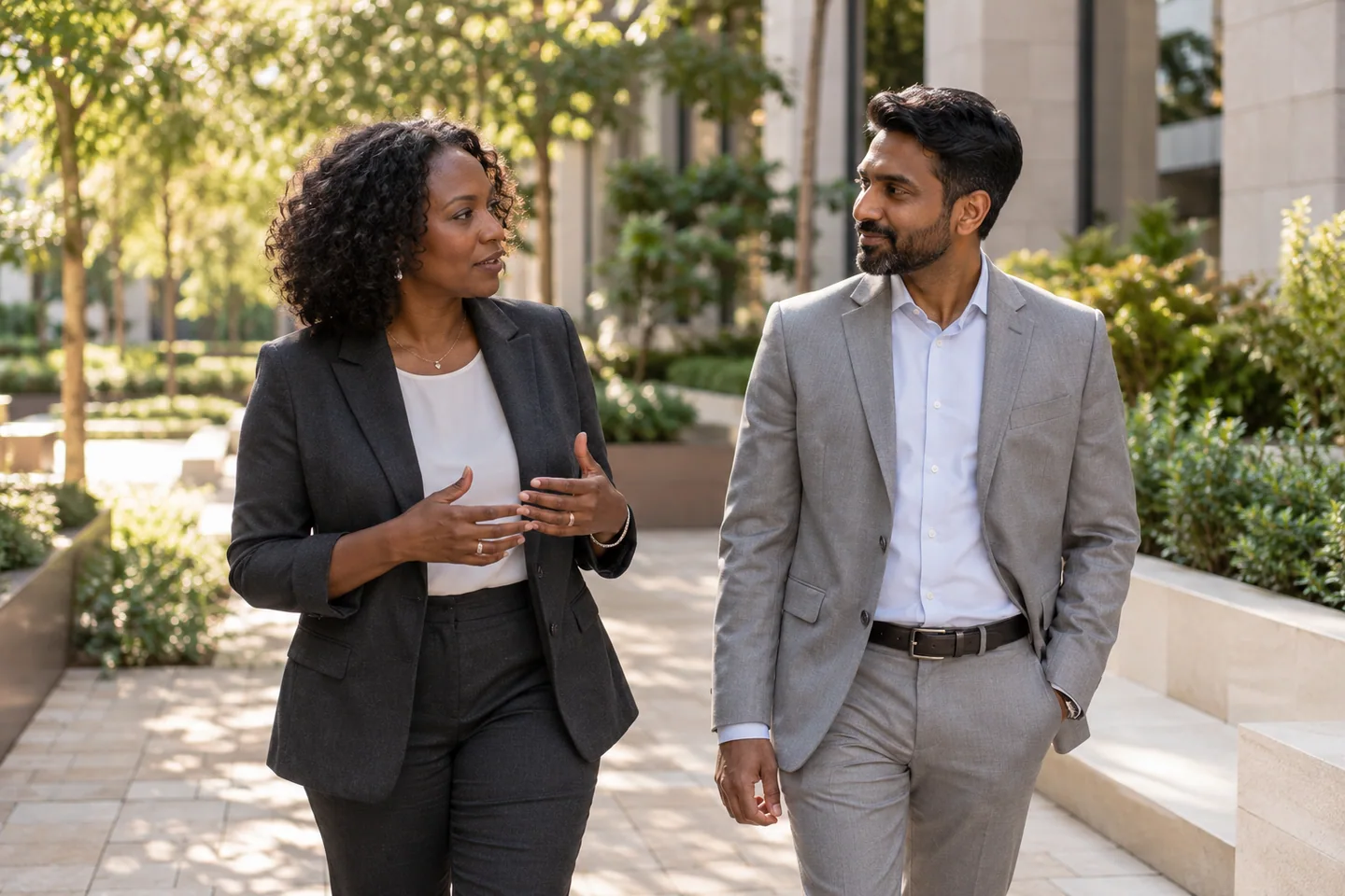 Illustrative professional conversation in a courtyard