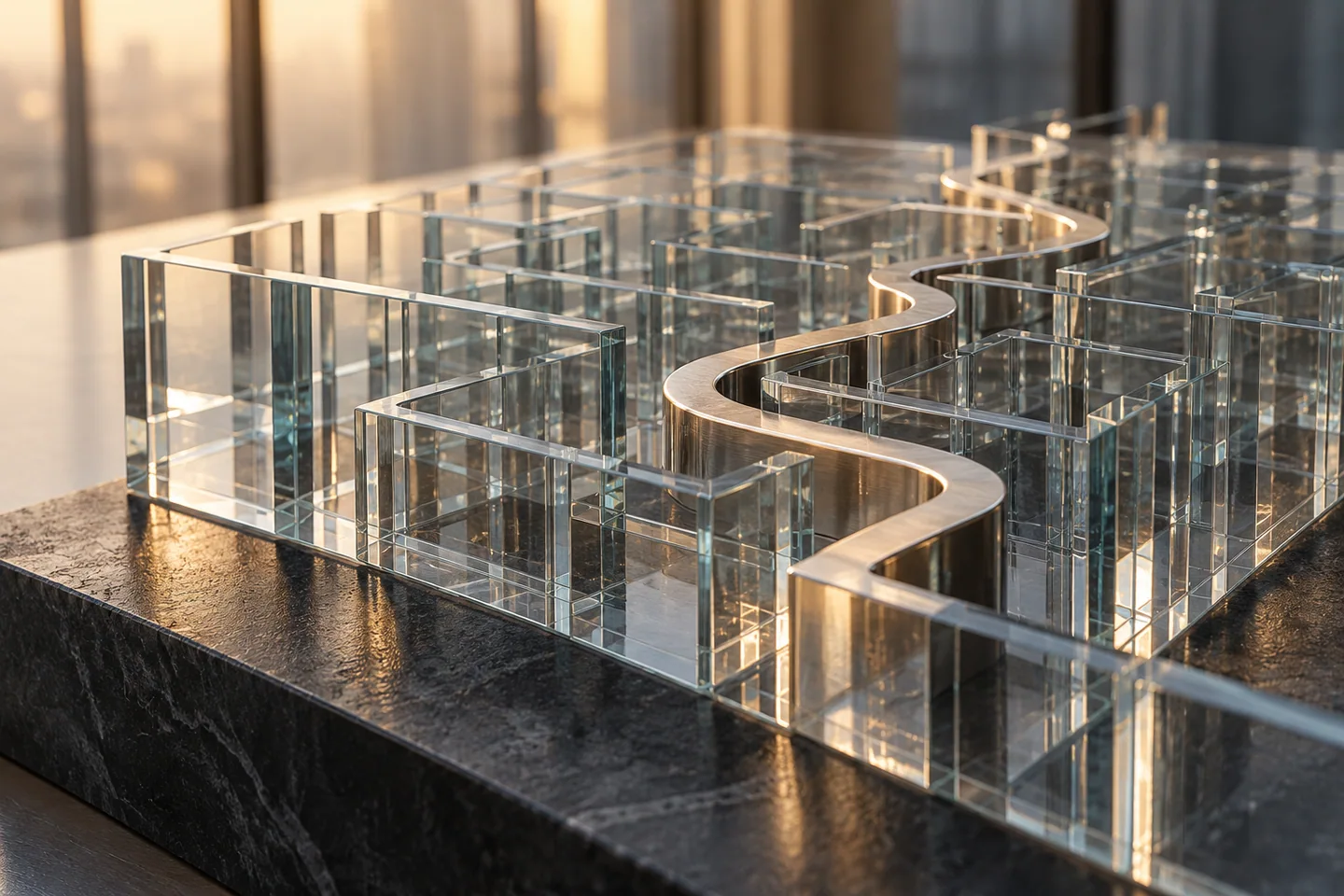 Glass maze with a clear path, illustrating risk navigation