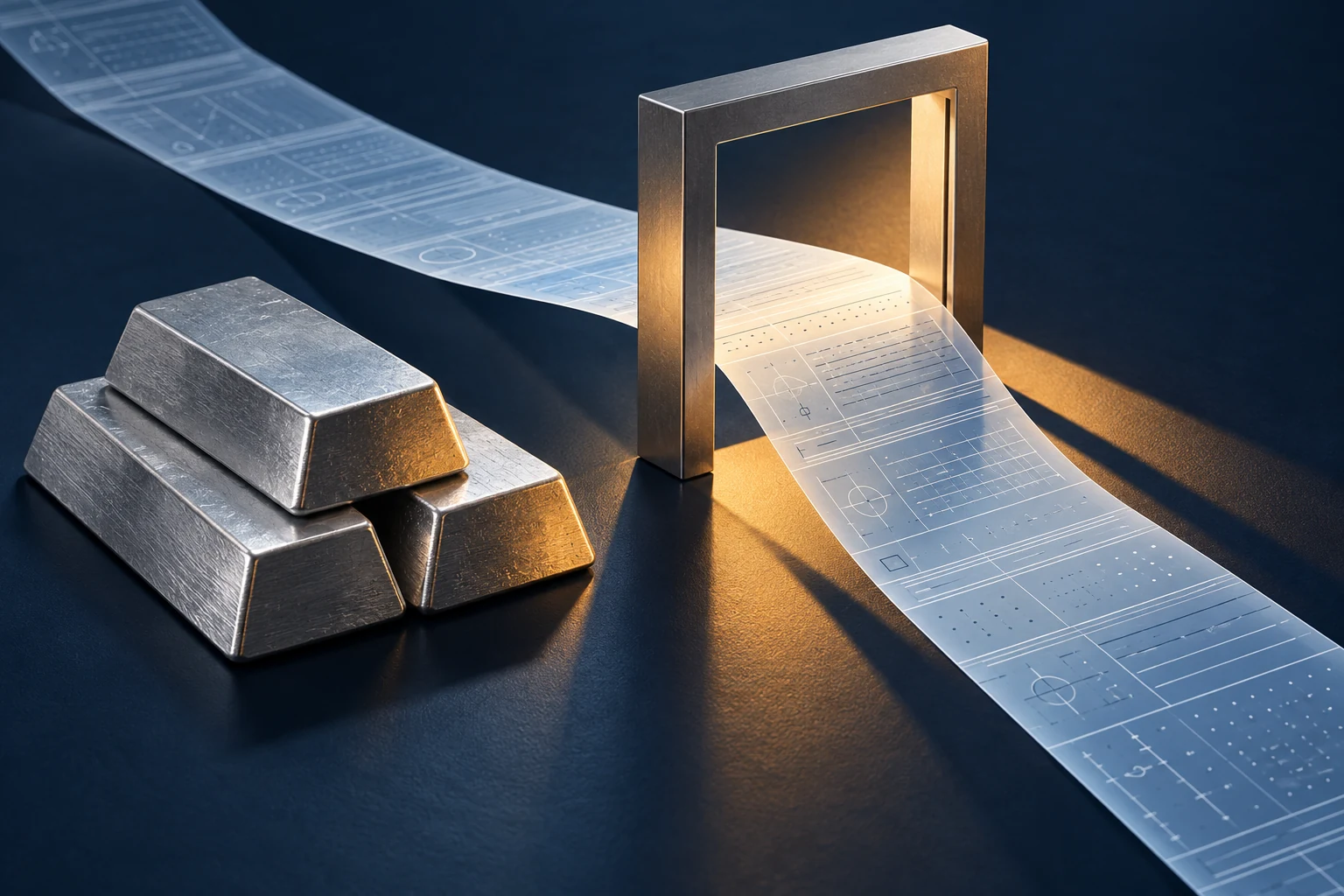 Aluminium ingots beside translucent documents passing through a narrow metal gateway.
