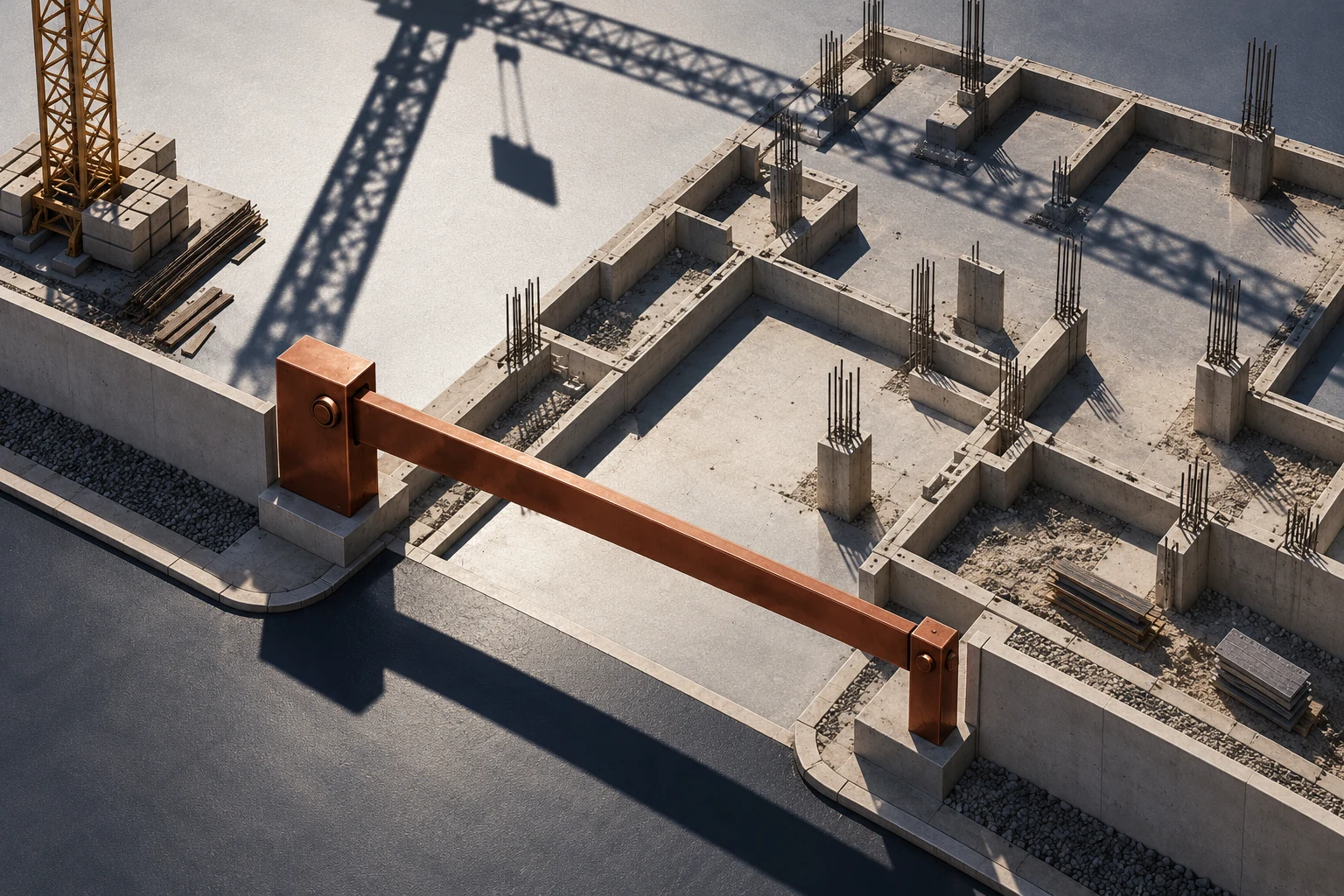 A copper barrier blocks the entrance to a model construction site in the shadow of a crane.